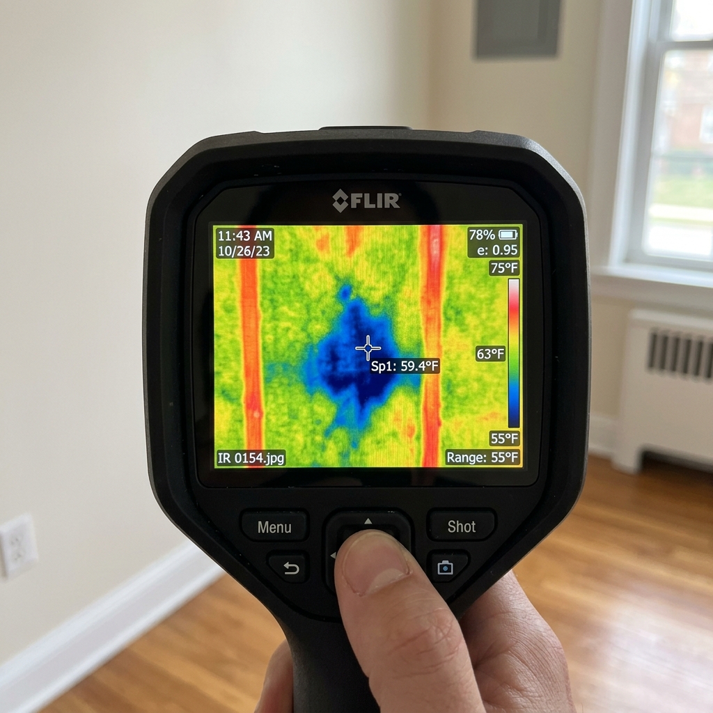 Thermal imaging camera detecting moisture behind a wall