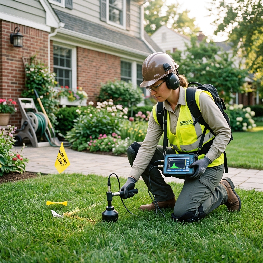 Technician locating an underground water line leak in a residential yard