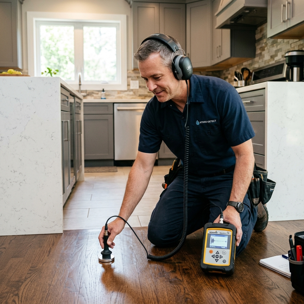 Leak detection specialist using acoustic equipment in an Edison NJ home
